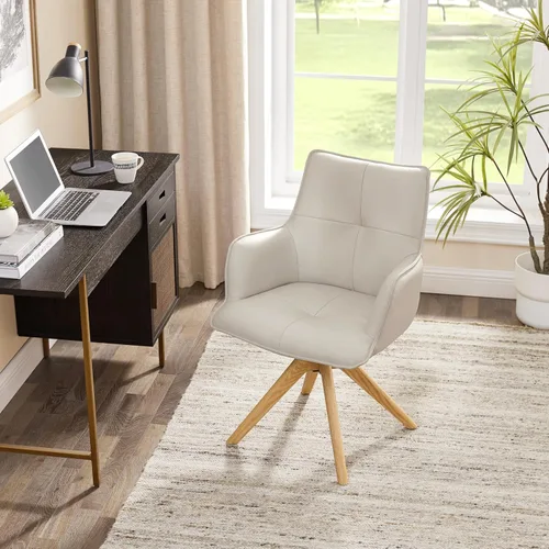 Miniatura 5 de Art Leon Silla de escritorio giratoria – Silla de oficina tapizada de piel sintética sin ruedas, sillón moderno de mediados de siglo con patas