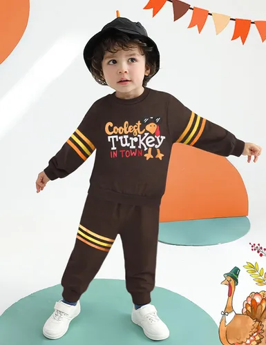 Miniatura 2 de WIQI Toddler Baby Boy Thanksgiving Outfit Turkey Letter Print Long Sleeve Striped Tops + Long Pants Thanksgiving Outfit Set