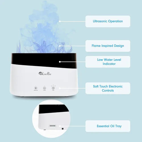 Miniatura 3 de LivePure LP300HUM Aqua Flame Humidificador de niebla fría – Pequeño humidificador ultrasónico de plantas para interiores con difusor de aceite Blanco