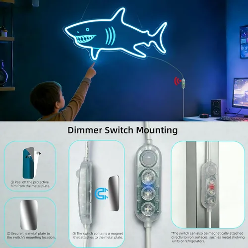 Miniatura 9 de Letrero de neón de tiburón con sensor de movimiento, letrero de neón LED azul hielo con 3 modos regulables, tablero acrílico decoración de tiburón