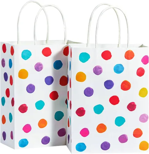 SUNCOLOR Paquete de 24 pequeñas bolsas de regalo de papel, diseño colorido de lunares, 8.7 x 6.3 x 3.15 pulgadas, con asas para recuerdos de fiesta