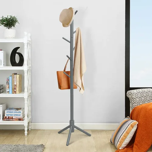 Miniatura 2 de Tangkula Perchero independiente, soporte de madera de goma con 8 ganchos, altura ajustable para entrada, abrigo de árbol, soporte para el hogar, Gris