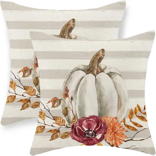 Miniatura 9 de Juego de 2 fundas de almohada de otoño de 16 x 16 pulgadas, diseño de calabaza y hoja de arce, fundas de almohada decorativas de lino para otoño