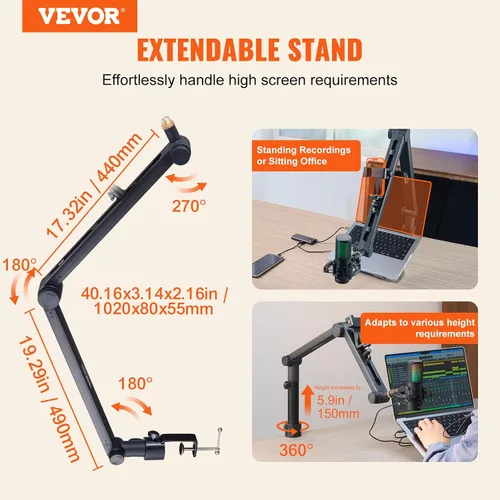 Miniatura 2 de VEVOR Brazo de brazo de micrófono, con abrazadera de montaje de escritorio, soporte de micrófono ajustable con gestión de cables, giratorio de 360°