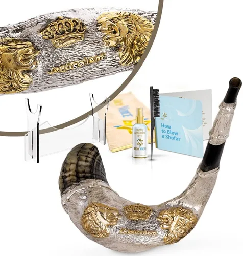 Holy Voice "Leones y Corona" Shofar de 20"-22" de Ram decorativo bañado en plata esterlina con soporte de Shofar, bolsa de transporte y cepillo de