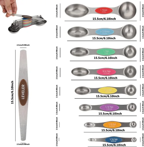 Miniatura 2 de Juego de 9 cucharas medidoras magnéticas de acero inoxidable de doble cara, cucharadita apilable para anidar, cabe en frascos de especias