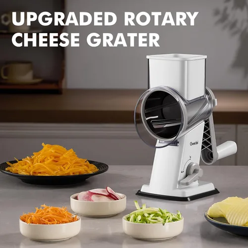 Miniatura 7 de Geedel Rallador Rotativo de Queso - Triturador de Verduras Mejorado con 4 Cuchillas Intercambiables, Triturador de Queso Fácil de Limpiar con Mango