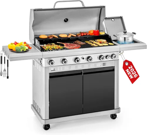 Miniatura 11 de Parrilla de Barbacoa de Gas Propano 2 en 1 con Quemador Lateral y Rejilla de Hierro Fundido Esmaltada en Porcelana, Plancha Plana de 4 Quemadores