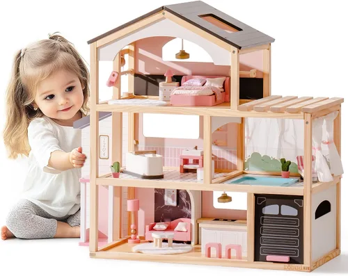 Miniatura 3 de ROBUD Casa de Muñecas, Casa de Muñecas de Madera con 6 Habitaciones, Set de Muebles de 29 Piezas, Ascensor Funcional, Garaje, Piscina, Regalo Ideal