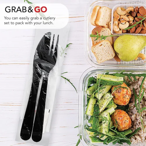 Miniatura 4 de Party Essentials Juego de utensilios de plástico resistentes envueltos individualmente, 50 juegos para catering de fiestas, Negro