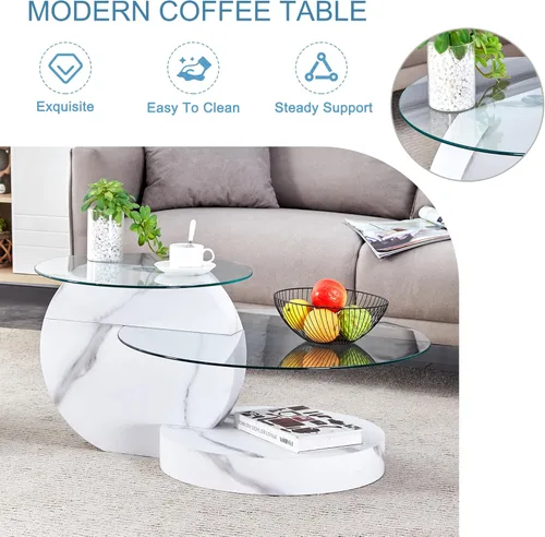 Miniatura 4 de Mesa de café de 35.4" de vidrio, mesa de café redonda, mesa con superficie de vidrio templado de 2 niveles con base de mármol falso blanco, mesa