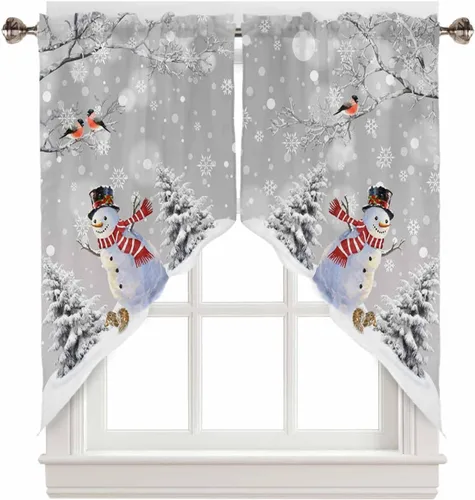 Miniatura 18 de BEMIGO Cortinas de cocina de Navidad, lindas cortinas de granja con muñeco de nieve azul, cenefa con bolsillo para barra de copos de nieve