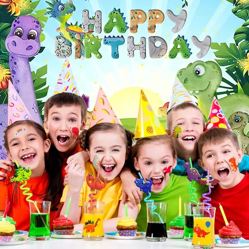 Miniatura 7 de 24 pajitas de plástico reutilizables de dinosaurio + 6 tatuajes temporales de dinosaurios para niños y niñas Suministros de fiesta de cumpleaños