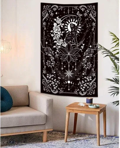 Miniatura 10 de Riyidecor Tapiz vertical de mujer misteriosa de fase lunar, bohemio, pequeño, gótico, para colgar en la pared, plantas florales, hojas estrelladas