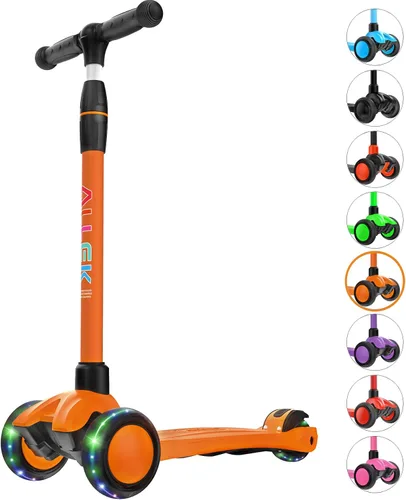 Allek - Kick Scooter B03. Monopatín de 3 ruedas de Poliuretano iluminadas, extra anchas con sistema inclinable y deslizante (Lean 'N Glide), Naranja