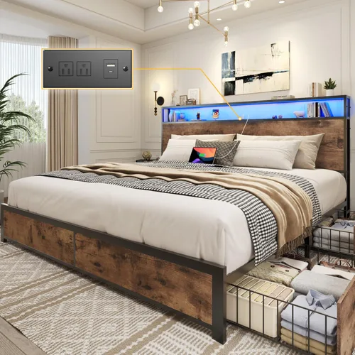 Miniatura 10 de Lifezone Estructura de Cama Full con Cabecero de Almacenamiento de 2 Niveles, Estructura de Cama de Plataforma de Metal con 4 Cajones de Marrón