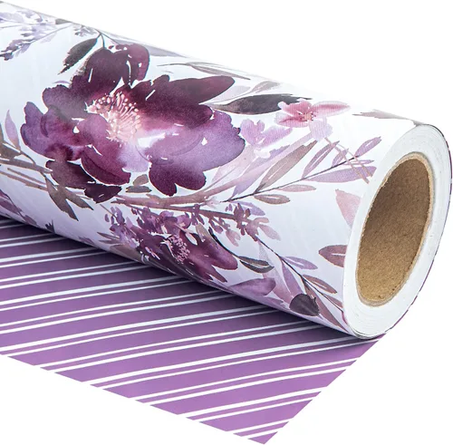 WRAPAHOLIC Papel de regalo floral reversible, mini rollo, 17 pulgadas x 33 pies, diseño floral morado para bodas, cumpleaños, día de San Valentín,
