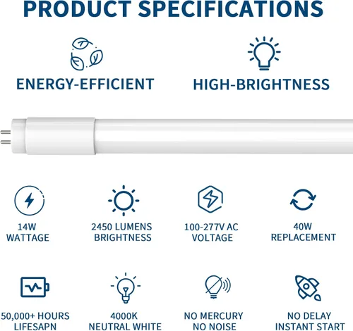 Miniatura 2 de JESLED Paquete de 4 tubos LED T8 de 4 pies, repuesto fluorescente, 48 pulgadas, 14 W, 2450 lm, 4000 K, potencia de extremo simple o doble, tipo A+B
