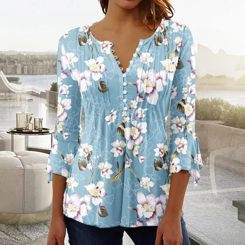 Miniatura 6 de Ceboyel Blusa tipo túnica con estampado floral para mujer, con botones, estilo Henley, con manga de codo, casual, trajes de moda para mujer