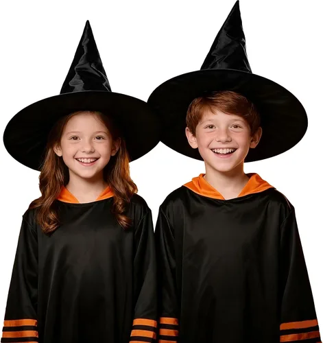 Miniatura 2 de Paquete de 2 sombreros de bruja negros para niños y adultos, sombrero de bruja con rop colgante para decoraciones de fiesta de Halloween