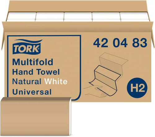Tork Toalla de mano multipliegue, blanco natural, H2, universal, 3 paneles, desechable, 100% fibras recicladas, 1 capa, 16 x 250 hojas, 420483