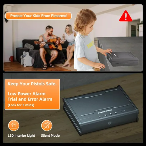 Miniatura 9 de PINEWORLD Caja fuerte para armas, caja de seguridad biométrica para pistola, caja fuerte para pistola con teclado retroiluminado de huellas