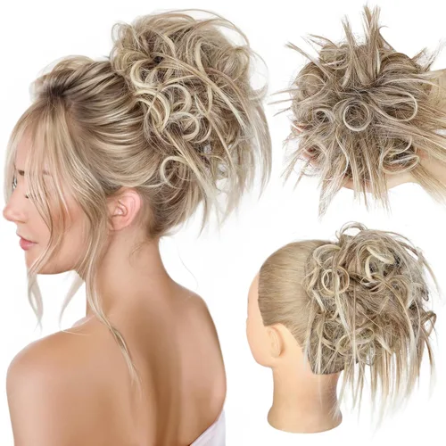 Miniatura 43 de HMD - Extensiones de cabello tipo chongo alborotado con rodelo despeinado, banda elástica de goma, extensiones de cabello sintético para mujer