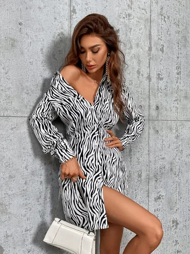 Miniatura 5 de WDIRARA Mini vestido tipo camisa de manga larga con cuello y abertura para mujer con estampado de cebra