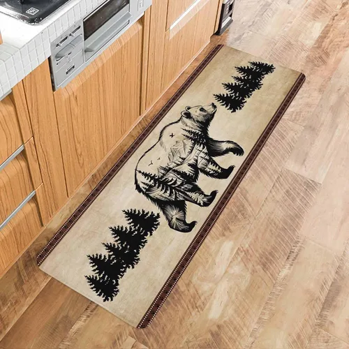 Miniatura 5 de Tapete de cocina, 1 unidad, diseño vintage de pino y oso, antifatiga, cómodo, de espuma viscoelástica, antideslizante, para puerta de baño