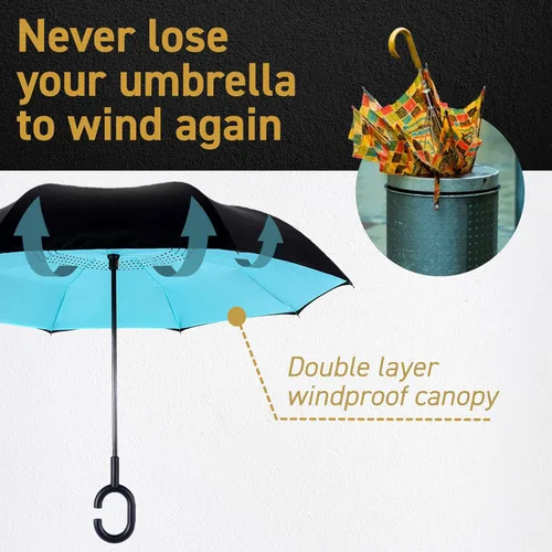 Miniatura 9 de Paraguas EEZ-Y invertido con doble capa de construcción resistente al viento, reversible y plegable para uso en el automóvil, mango en forma de C