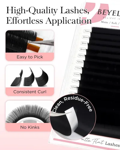 Miniatura 7 de BEYELIAN Extensiones de pestañas planas, extensiones de pestañas elípticas 0.15 C Curl 0.28-0.59 pulgadas 16 filas extensiones de pestañas negras