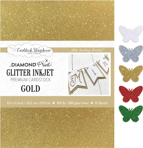 Cardstock Warehouse Diamond Print Inkjet Glitter - Papel de cartulina con purpurina dorada de alta calidad, 15 hojas, 8.5 x 11 pulgadas, 104 Dorado