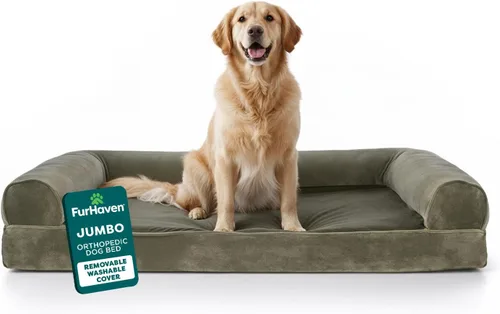 Miniatura 21 de Furhaven Cama ortopédica de espuma para perros, de pelo sintético y terciopelo, con diseño de caja de huevos, color salvia oscura, talla M Dark Sage