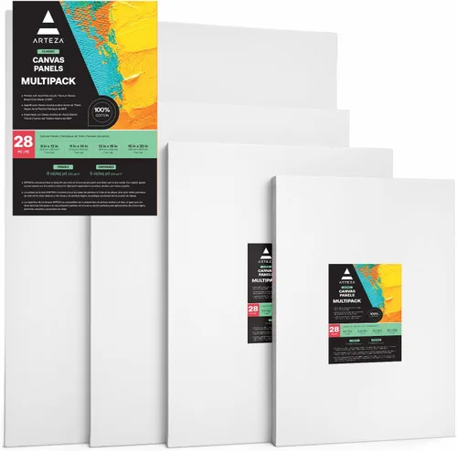 ARTEZA Tableros de lienzo para pintura, 9 x 12, 11 x 14, 12 x 16, 16 x 20 pulgadas, paquete múltiple de 28, lienzo blanco en blanco para pintura