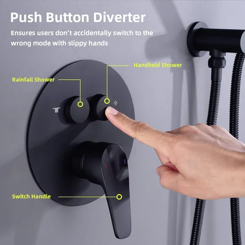 Miniatura 3 de TRUSTMI Sistema de ducha negro mate de 10 pulgadas, desviador de botón desviador montado en la pared redonda de lluvia y ducha de mano con válvula