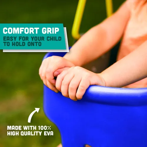 Miniatura 3 de Asiento de columpio para niños pequeños con respaldo alto y agarre para los dedos, cadenas recubiertas de plástico y mosquetones para una fácil Azul