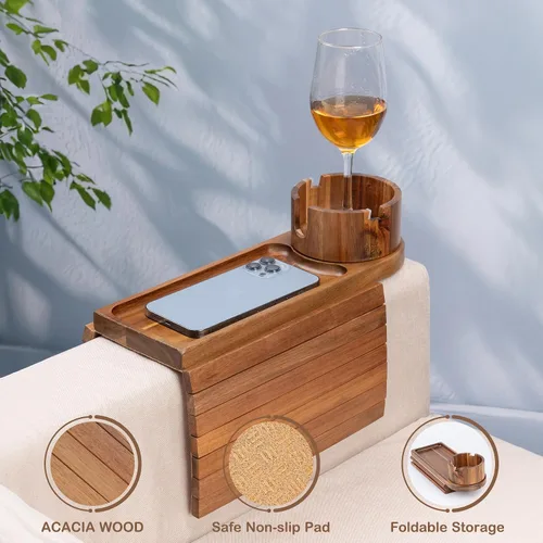 Miniatura 5 de Soporte de taza para sofá para reposabrazos de más de 4.9 pulgadas de ancho, bandeja de brazo de sofá de madera de acacia con soporte de taza