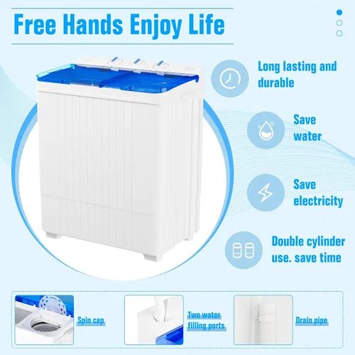 Miniatura 5 de Superday Lavadora portátil con manguera más larga, combo compacto de mini lavadora y secadora de 28 libras, lavadora de doble tina, lavadora Azul