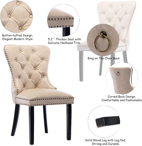 Miniatura 4 de CIMOTA Juego de 2 sillas de comedor de cuero beige, modernas de mediados de siglo, sillas de comedor tapizadas para cocina, comedor, cómodas sillas