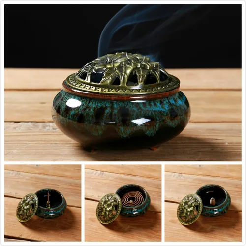 Miniatura 3 de Censer - Quemador de incienso azul cielo con soporte para varillas de incienso de calabaza - Incensario de porcelana para carbón para uso con resina