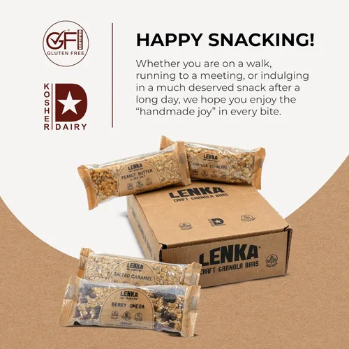 Miniatura 6 de Lenka Discovery - Paquete de 12 bocadillos de granola con alto contenido de fibra, caramelo salado, bayas omega, vainilla expreso, mantequilla