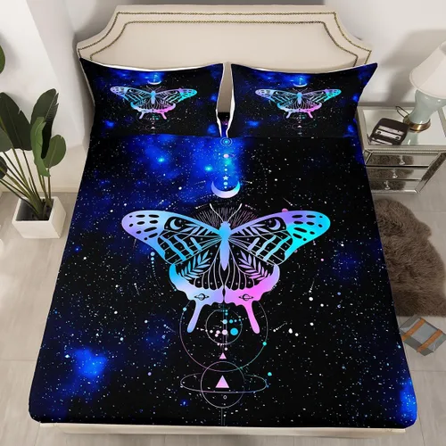 Miniatura 11 de Sábana bajera ajustable de mariposa, tamaño individual, estrellas estrelladas, galaxia azul, nebulosa, universo de nebulosa, suave, lujoso, juego