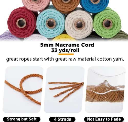 Miniatura 4 de PHUNTTEK - Cuerda de macramé de 5 mm, kit de 12 colores de cuerda de algodón de suministros con 4 hebras de hilo de yarda