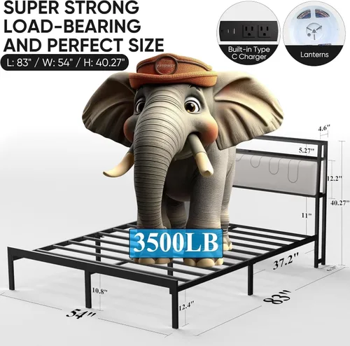 Miniatura 2 de J.Fkne Base de cama matrimonial con estación de carga y luces LED, plataforma de cama de tamaño matrimonial con listones de metal, cabecera tapizada