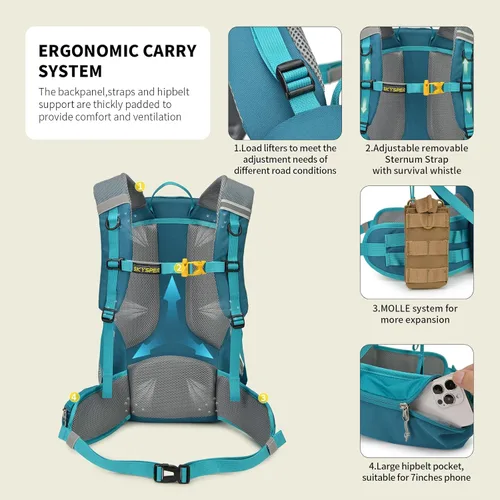 Miniatura 4 de SKYSPER Mochila de senderismo para hombres y mujeres, mochila de viaje ligera de 35 L, mochila de campamento al aire libre con múltiples Verde