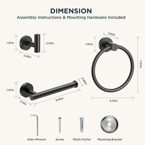 Miniatura 7 de FORIOUS 4 accesorios de baño, soporte para papel higiénico de acero inoxidable SUS304, anillo para toalla y 2 ganchos para toallas, juego de Negro