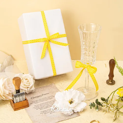 Miniatura 3 de Ribbli Cinta de grogrén para manualidades, carrete de 3/8 pulgadas, 10 yardas, narciso amarillo con puntos blancos, uso para envolver regalos