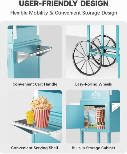 Miniatura 8 de Carro de máquina de palomitas de maíz de 10 onzas, máquina para hacer palomitas con rueda y hervidor de acero inoxidable que hace hasta 40 tazas