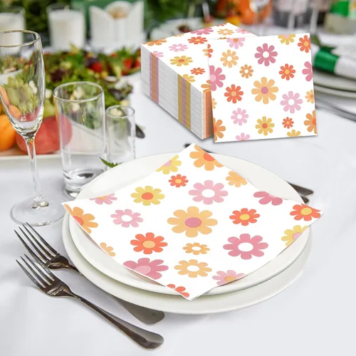 Miniatura 7 de 120 servilletas de papel con margaritas Groovy Daisy Boho Servilletas de cena desechables con flores decorativas para fiestas de baby shower