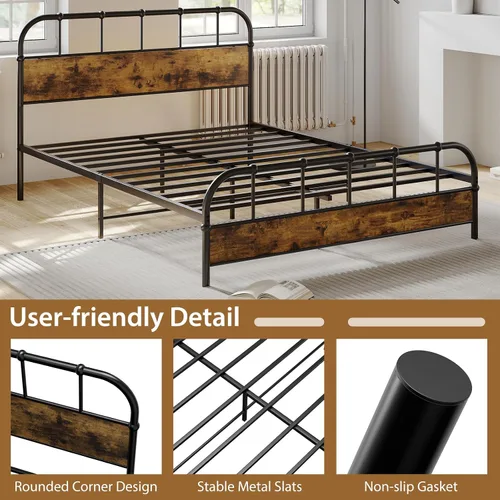 Miniatura 7 de Giantex Base de cama de metal tamaño Queen con cabecera de madera, base de cama de plataforma industrial con listones de metal resistente, base